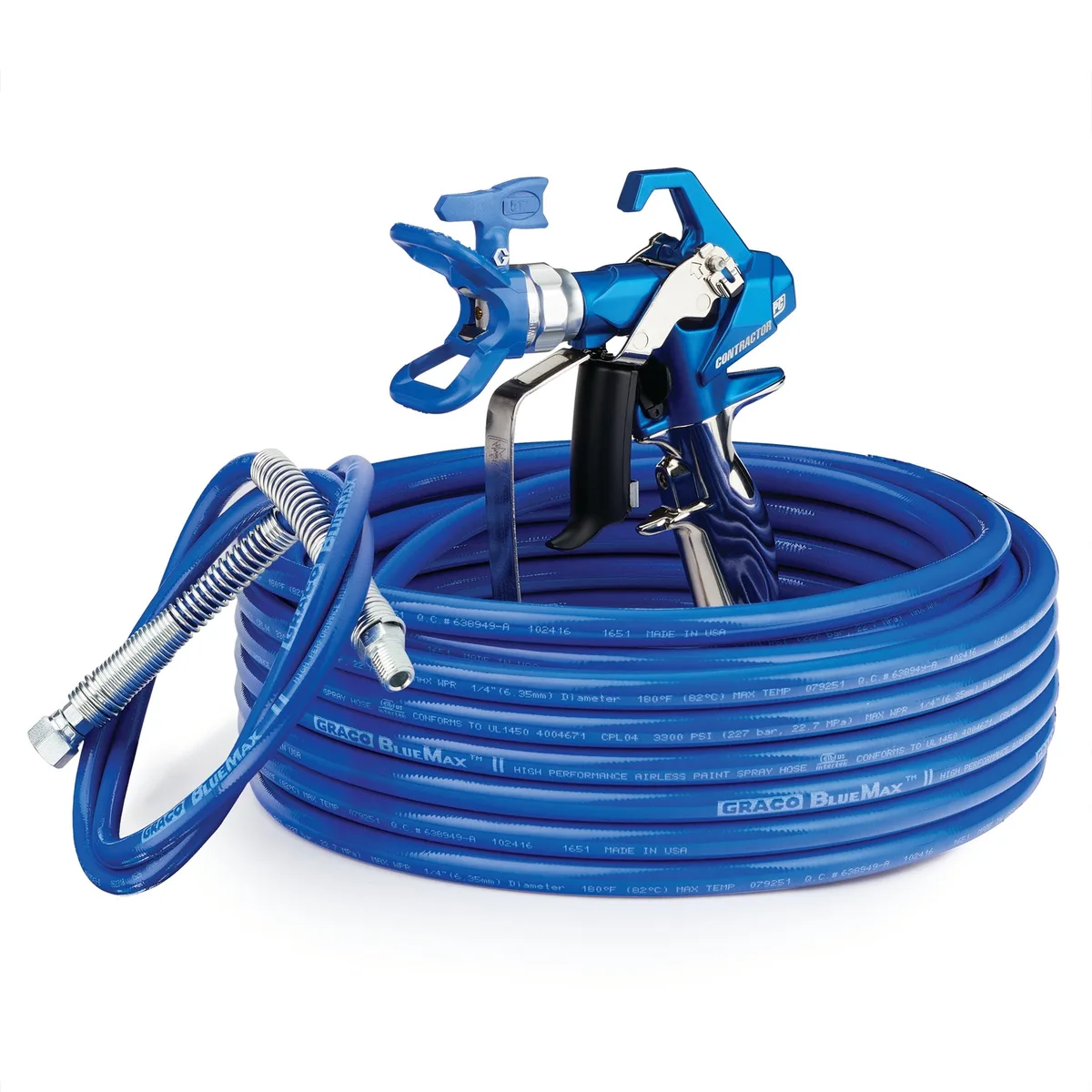 Contractor PC Airless Spray Gun, RAC X 517, BlueMax II Airless Hose 1/4 in x 50 ft, BlueMax II Airless Whip Hose 3/16 in x 4.5 ft - Graco 17Y046