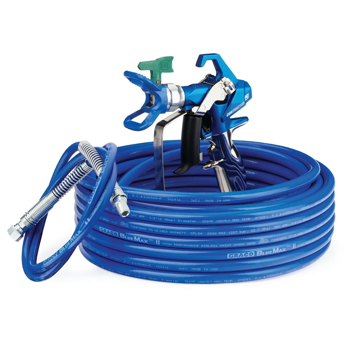Contractor PC Airless Spray Gun, RAC X LP 517, BlueMax II Airless Hose 1/4 in x 50 ft, BlueMax II Airless Whip Hose 3/16 in x 4.5 ft - Graco 17Y051
