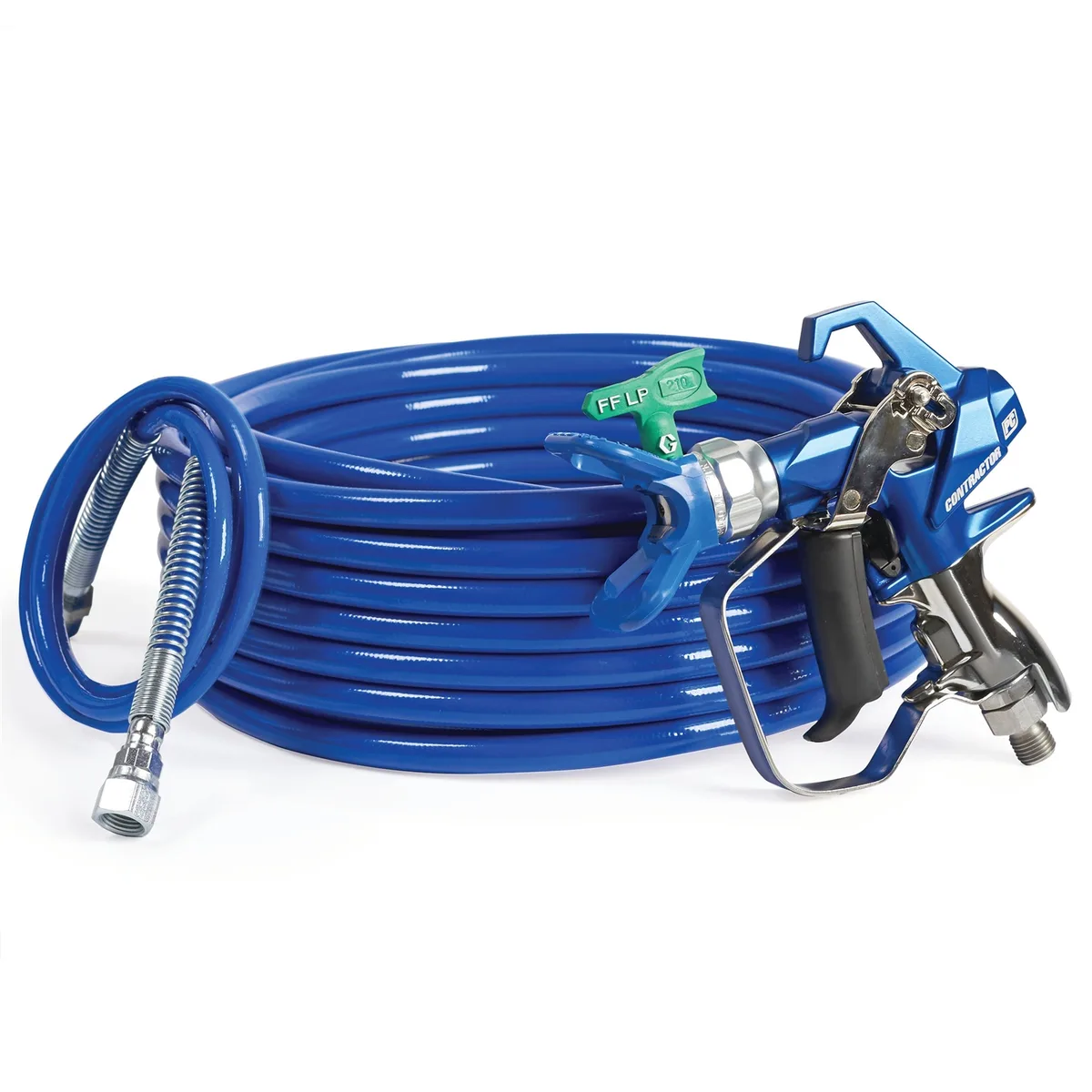 Contractor PC Compact Gun, 1/4 in x 50 ft BlueMax II Airless Hose, 1/8 in x 4.5 ft Whip Hose, RAC X FFLP 210 SwitchTip - Graco 19Y490