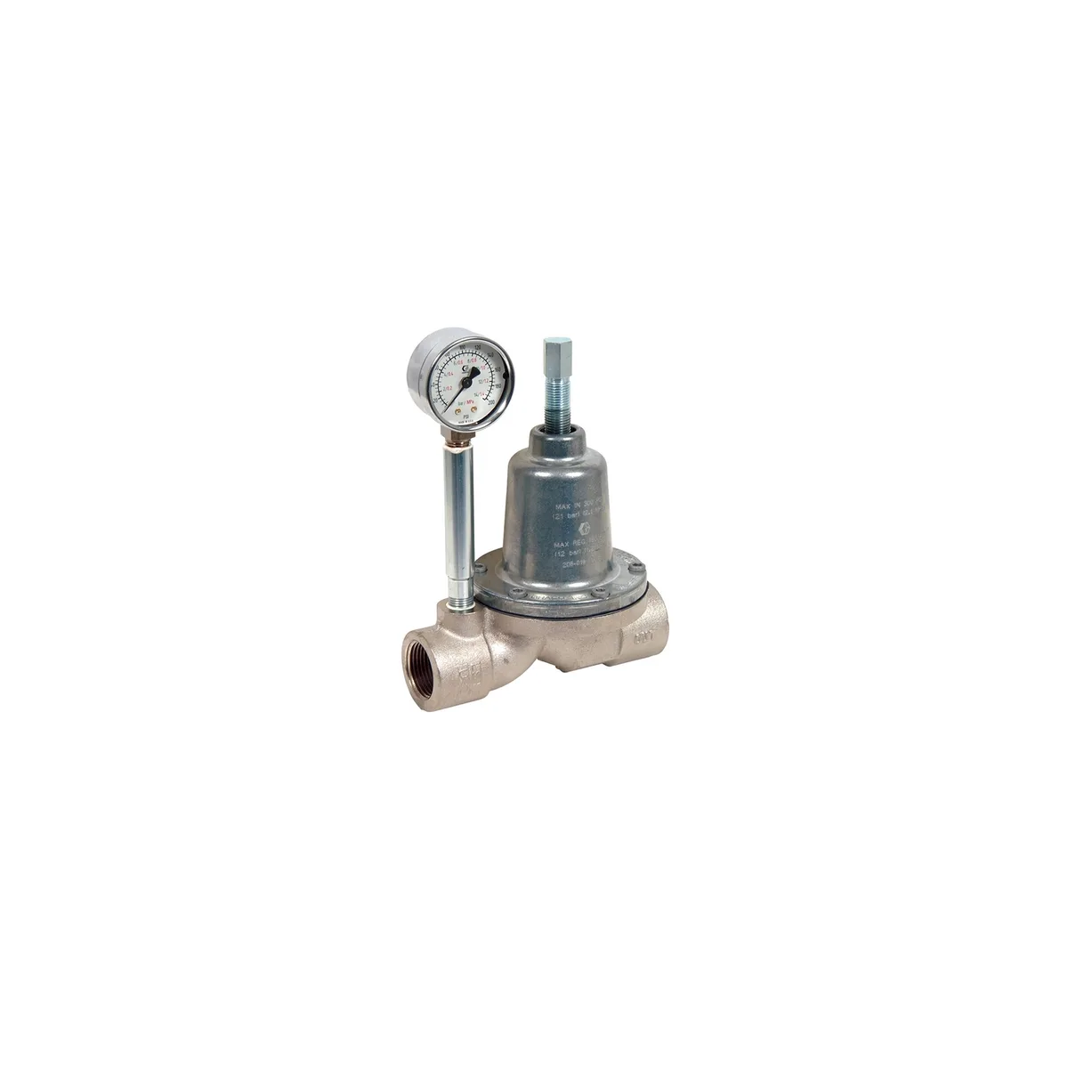 Low Pressure Fluid Back Pressure Regulator, 180 psi (12 bar) max pressure, AL wetted parts, manual, 1(f) inlet, 1(f) outlet with gauge - Graco 206019