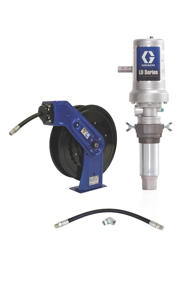 LD Series 5:1 Tank Mount Oil Pump with SD Series Hose Reel Packages - Manual Meter Type - Graco 24J735