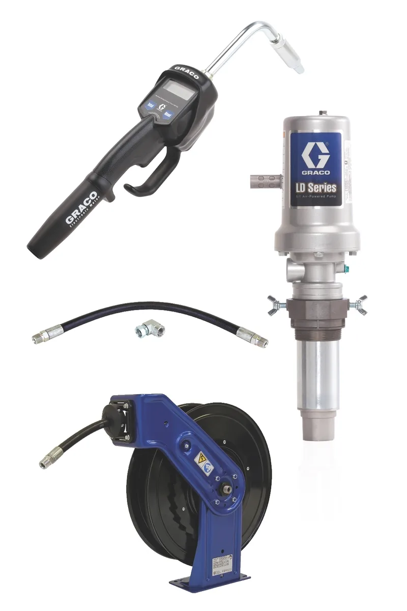 LD Series 5:1 Tank Mount Oil Pump with SD Series Hose Reel Packages - Manual Meter Type - Graco 24J735