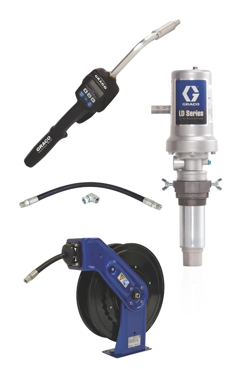 LD Series 5:1 Tank Mount Oil Pump with SD Series Hose Reel Packages - Preset Meter Type - Graco 24J736