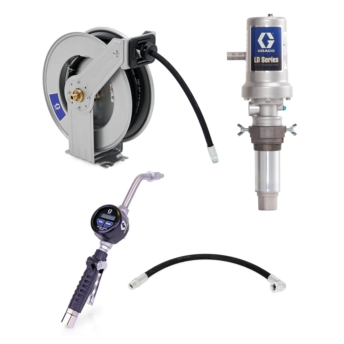 LD Series 3:1 Tank Mount Oil Pump with SD Series Hose Reel Packages - Manual Meter Type - Graco 24J776