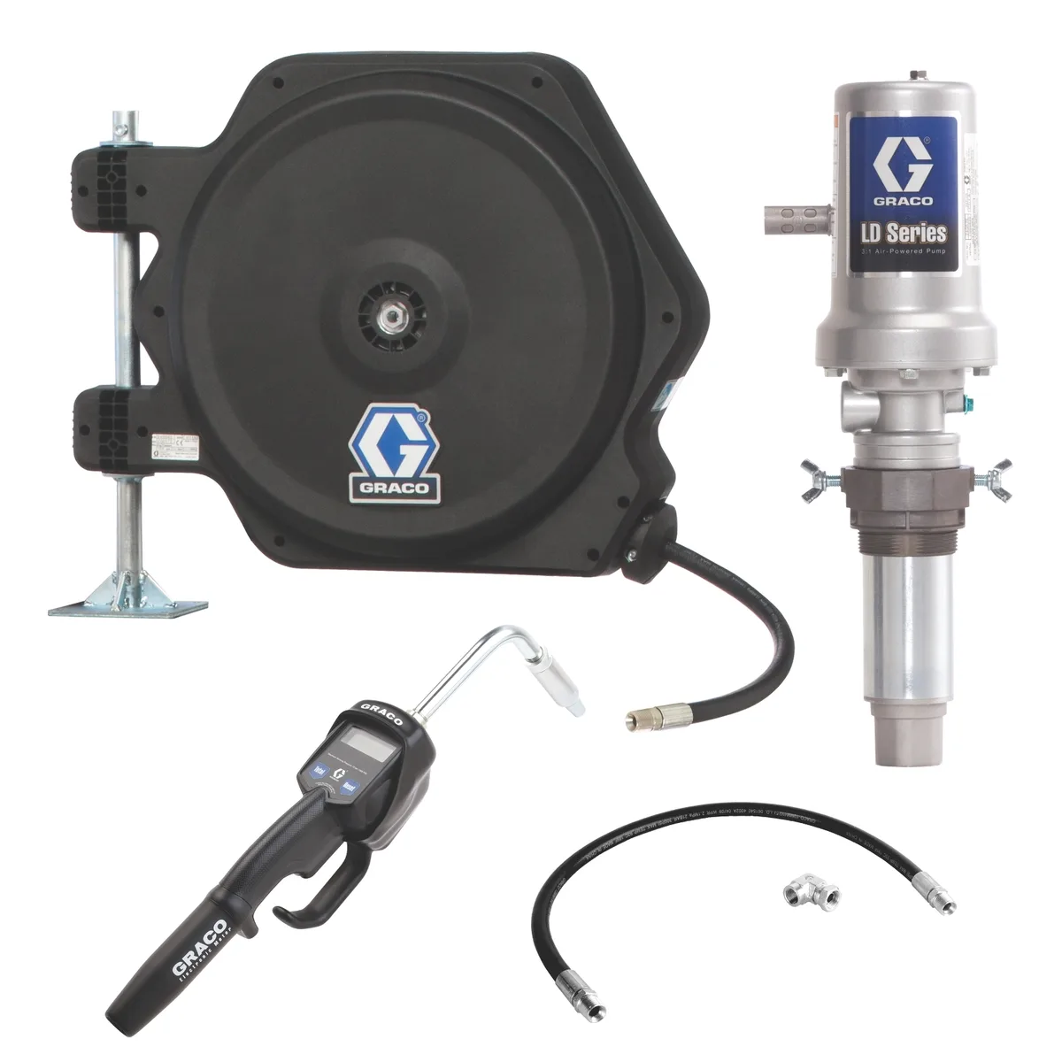 LD Series 3:1 Tank Mount Oil Pump with SD Series Hose Reel Packages - Manual Meter Type - Graco 24J776