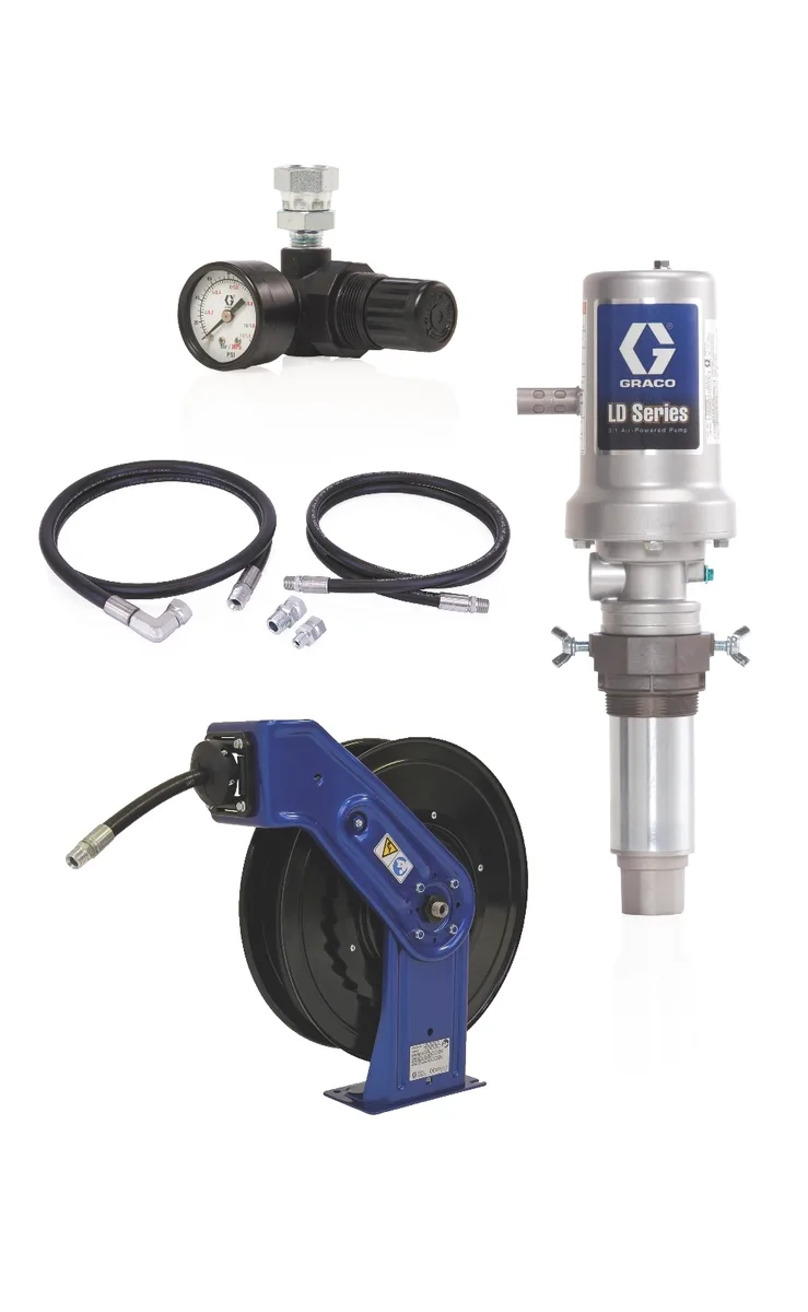 LD Series 3:1 Deluxe Tank Mount Oil Pump with SD Series 1/2 in. x 50 ft. Hose Reel Package - Preset Meter Type - Graco 24K777