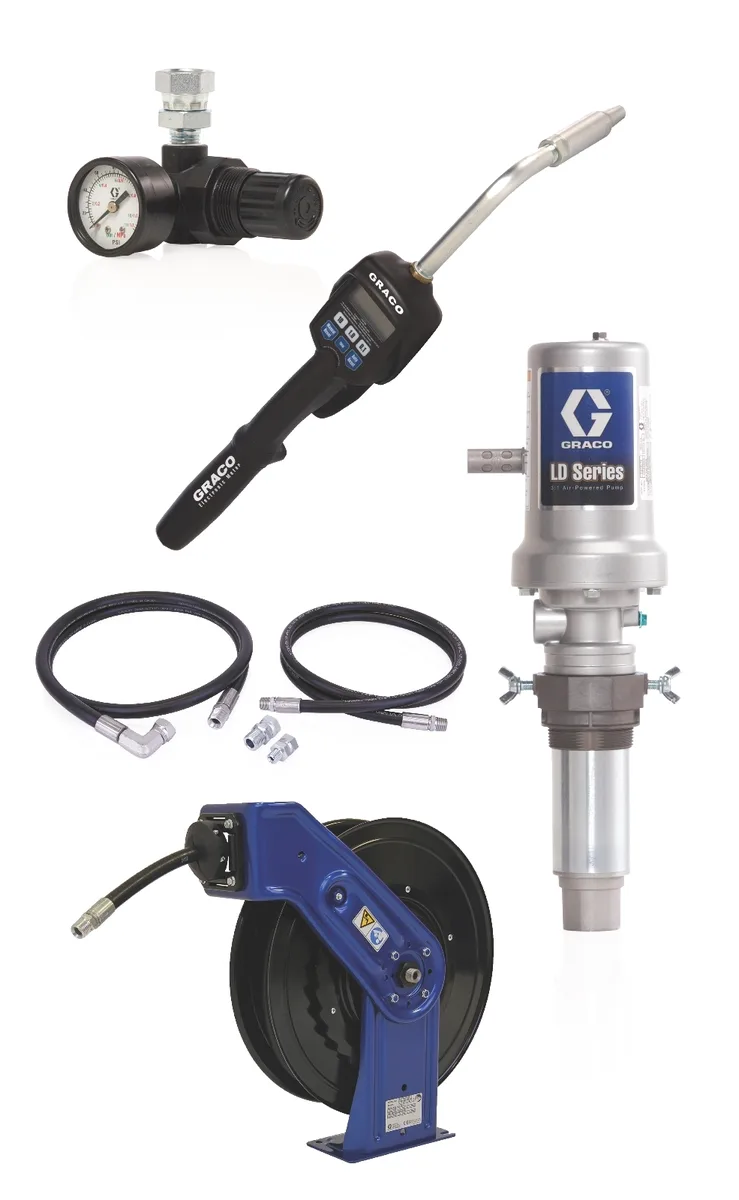 LD Series 3:1 Deluxe Tank Mount Oil Pump with SD Series 1/2 in. x 50 ft. Hose Reel Package - Preset Meter Type - Graco 24K777