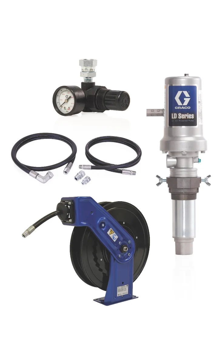 LD Series 5:1 Deluxe Oil Pump with SD Series 1/2 in. x 50 ft. Hose Reel Package - Preset Meter Type - Graco 24K796