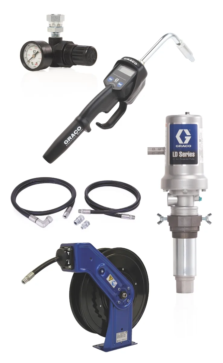 LD Series 3:1 Deluxe Tank Mount Oil Pump with SD Series 1/2 in. x 50 ft. Hose Reel Package - Manual Meter Type - Graco 24K797