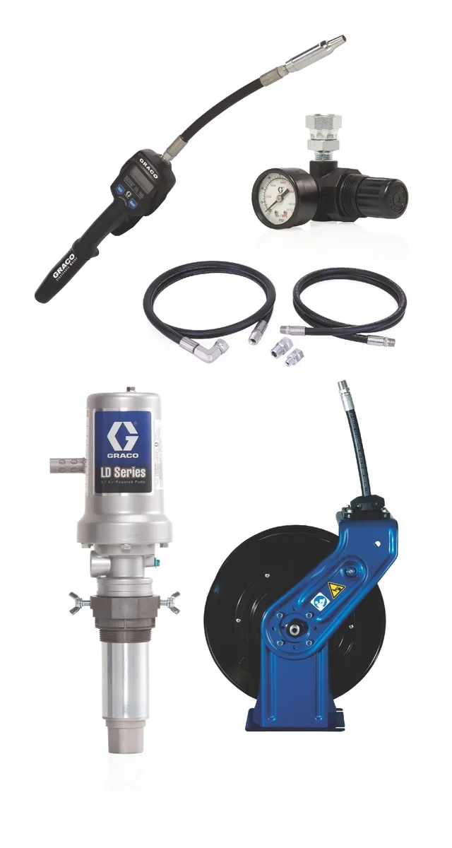 LD Series 3:1 Universal Pump Package with Hose Reel - Manual Meter, Flex Extension, NPT - Graco 24K832