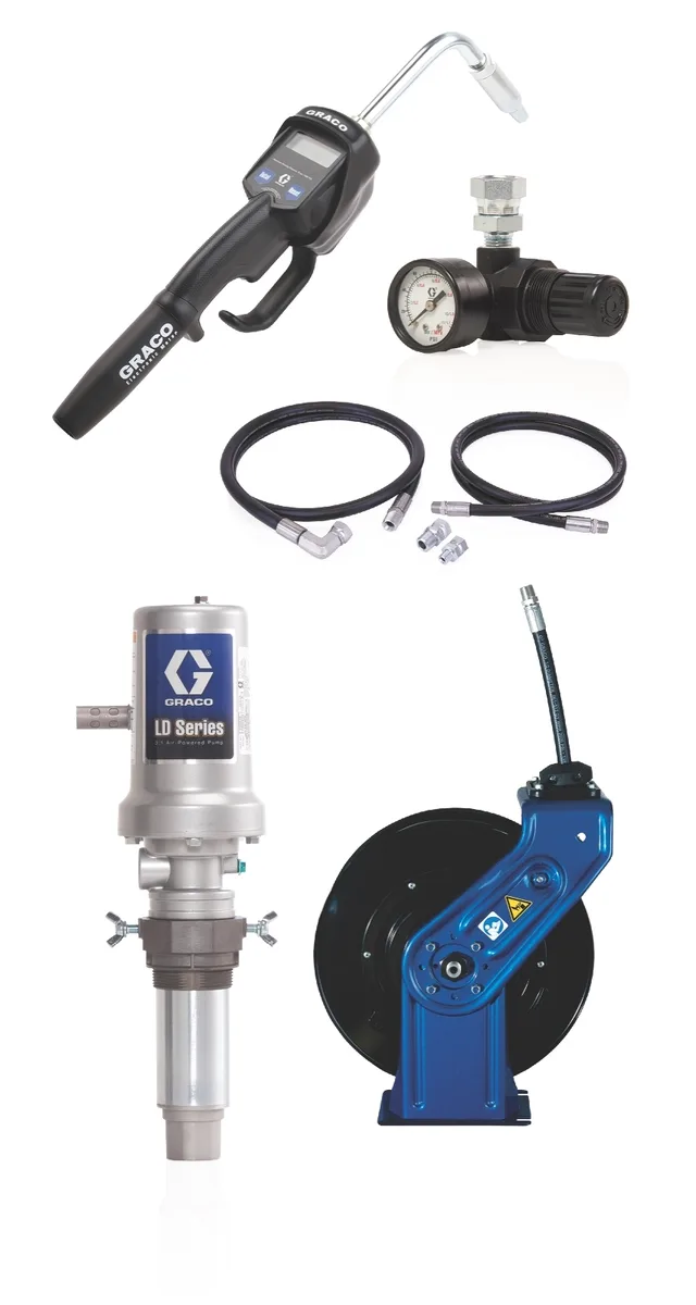 LD Series 3:1 Deluxe Tank Mount Oil Pump with SD Series 1/2 in. x 35 ft. Hose Reel Package - Manual Meter Type - Graco 24K834