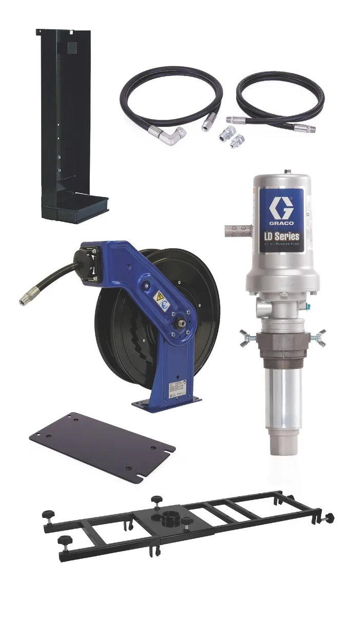 LD Series 5:1 Deluxe Stationary 275 Gallon (1040 Liter) Oil Pump with SD Series Hose Reel Package - Preset Meter Type - Graco 24K839