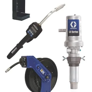 LD Series 5:1 Deluxe Stationary 275 Gallon (1040 Liter) Oil Pump with SD Series Hose Reel Package - Preset Meter Type - Graco 24K839