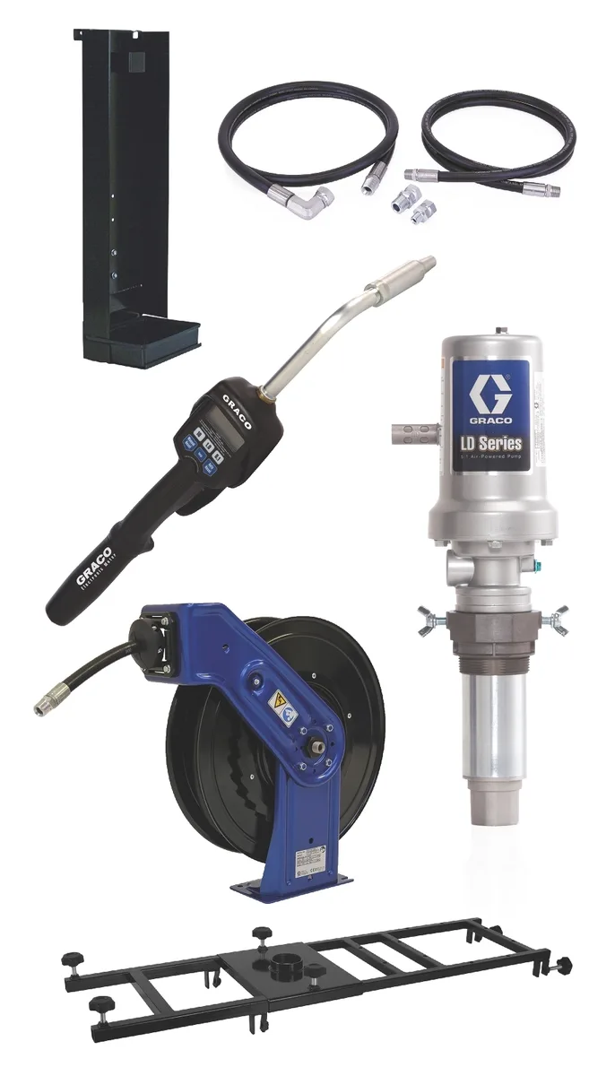 LD Series 5:1 Deluxe Stationary 275 Gallon (1040 Liter) Oil Pump with SD Series Hose Reel Package - Preset Meter Type - Graco 24K839