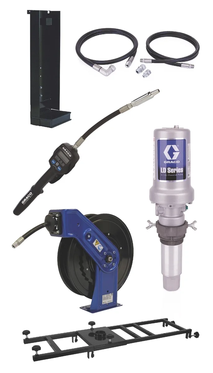 LD Series 3:1 Deluxe Stationary 275 Gallon (1040 Liter) Oil Pump with SD Series Hose Reel Package - Manual Meter Type - Graco 24K842