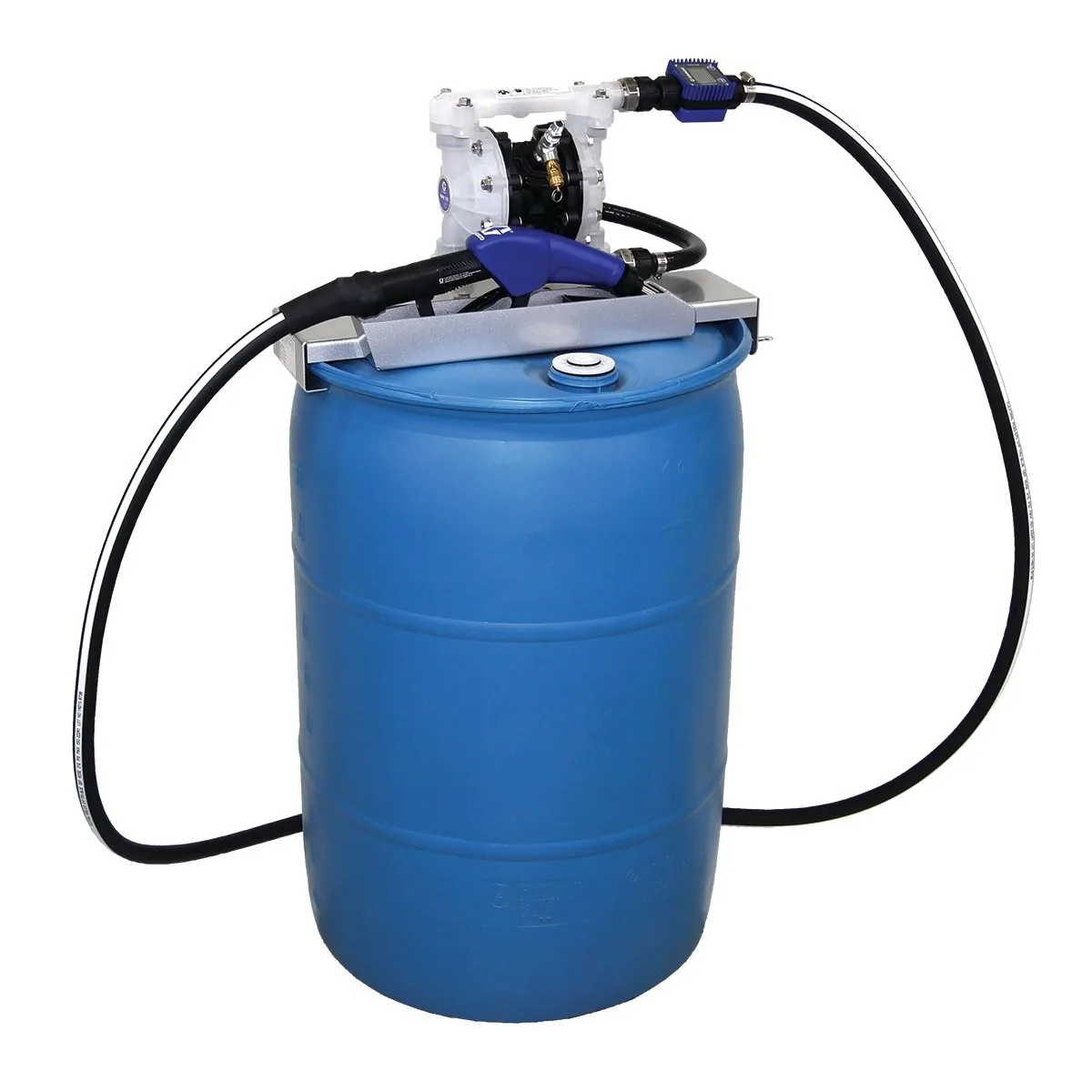 SD Blue Pump Drum Package - 2 ft (0.61 m) Suction Hose Length - Automatic Nozzle - SST Clamp Fittings - Graco 24V686