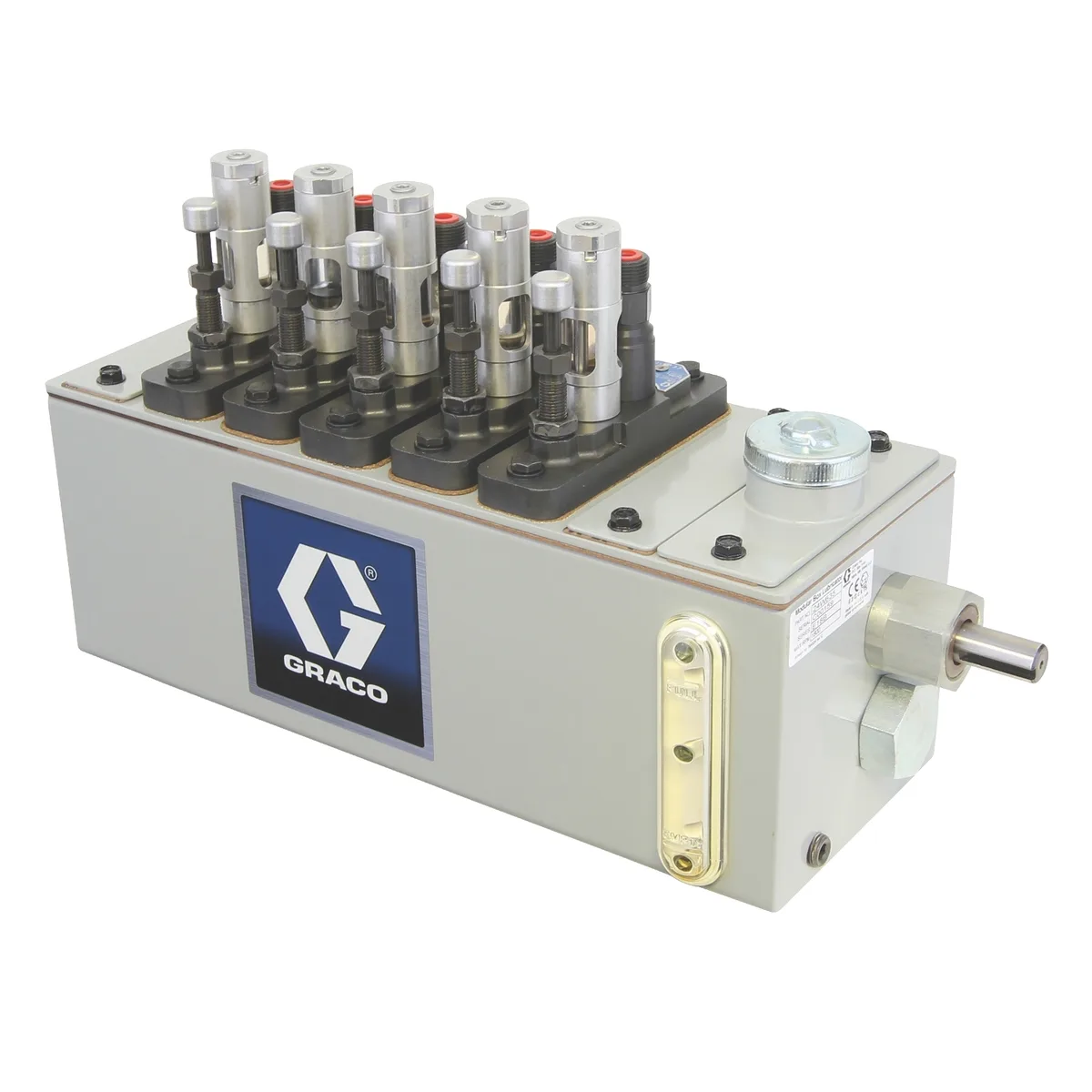 Manzel® MB118 Series Lubricator - 6 Pint (2.8 liter) Reservoir (6 Pump Stations Max), 1/4 in GBL 7500 Pump (qty 5), 118:1 drive on right hand end - Graco 24W635