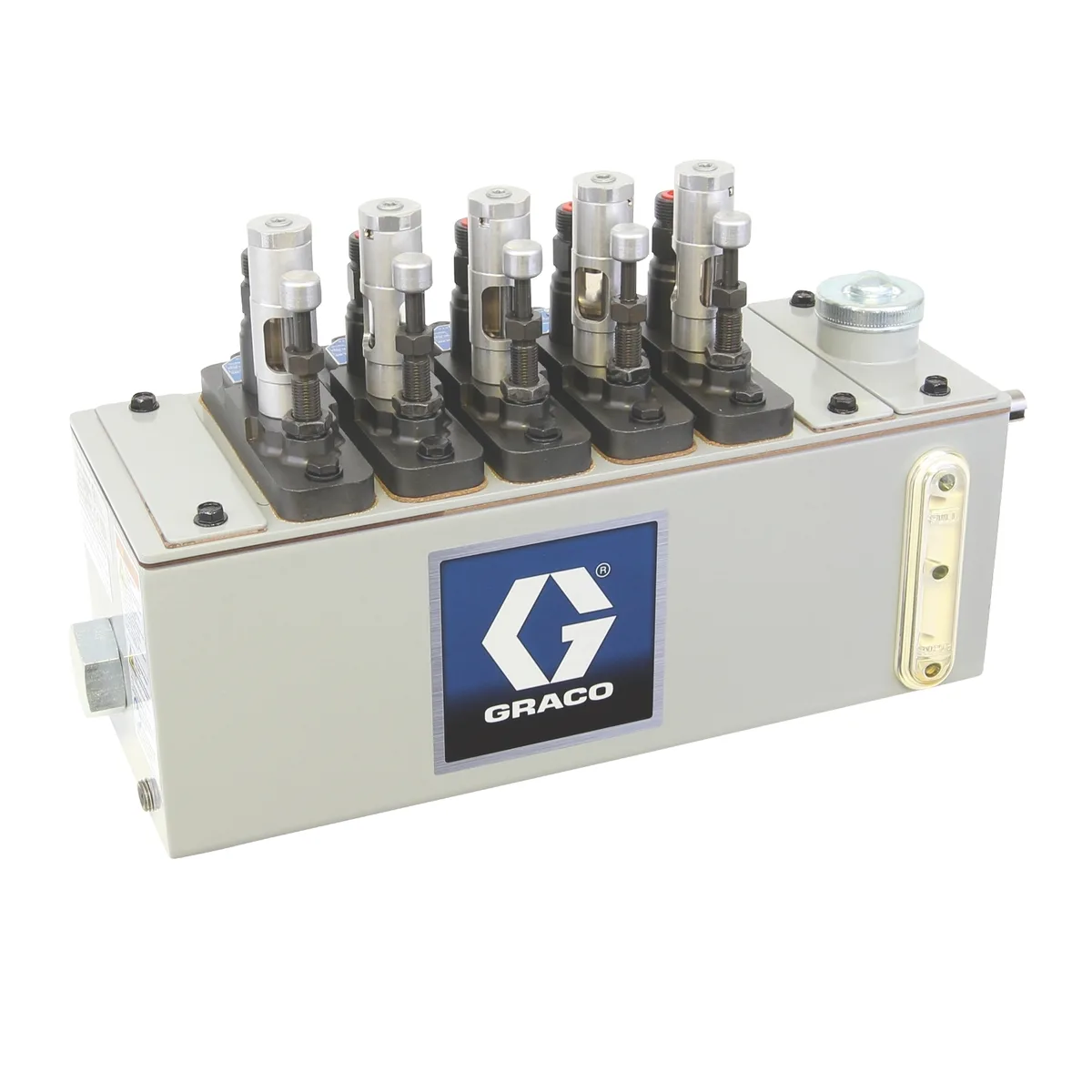 Manzel® MB118 Series Lubricator - 6 Pint (2.8 liter) Reservoir (6 Pump Stations Max), 1/4 in GBL 7500 Pump (qty 5), 118:1 drive on right hand end - Graco 24W635