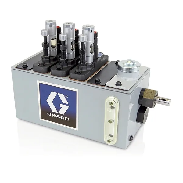 Manzel® MB118 Series Lubricator - 4 Pint (1.9 Liter) Reservoir (4 Pump Stations Max), 1/4 in GBL 7500 Pump (qty 3), 118:1 drive on right hand end - Graco 24W636