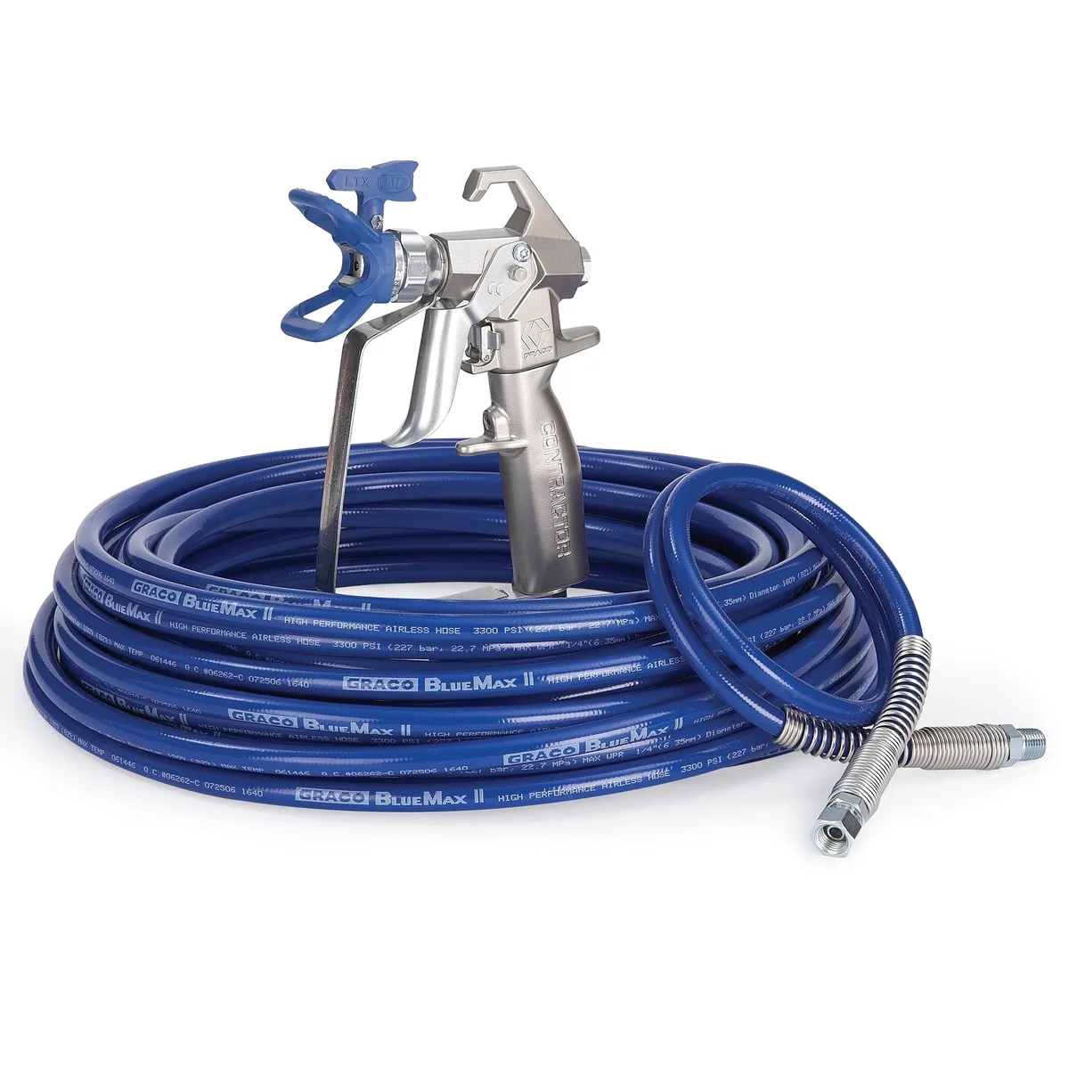 Contractor Airless Spray Gun, RAC X LTX 517, BlueMax II Airless Hose 1/4 in x 50 ft, BlueMax II Airless Whip Hose 3/16 in x 3 ft - Graco 288489