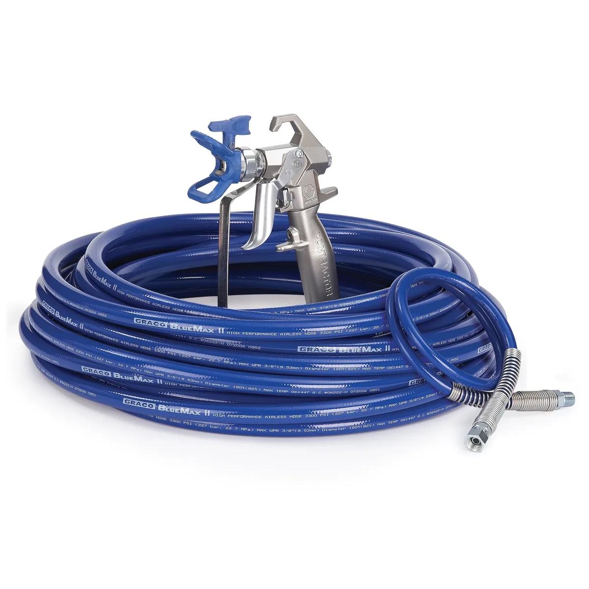 Contractor Airless Spray Gun, RAC X LTX 517, BlueMax II Airless Hose 3/8 in x 50 ft, BlueMax II Airless Whip Hose 3/16 in x 3 ft - Graco 288490