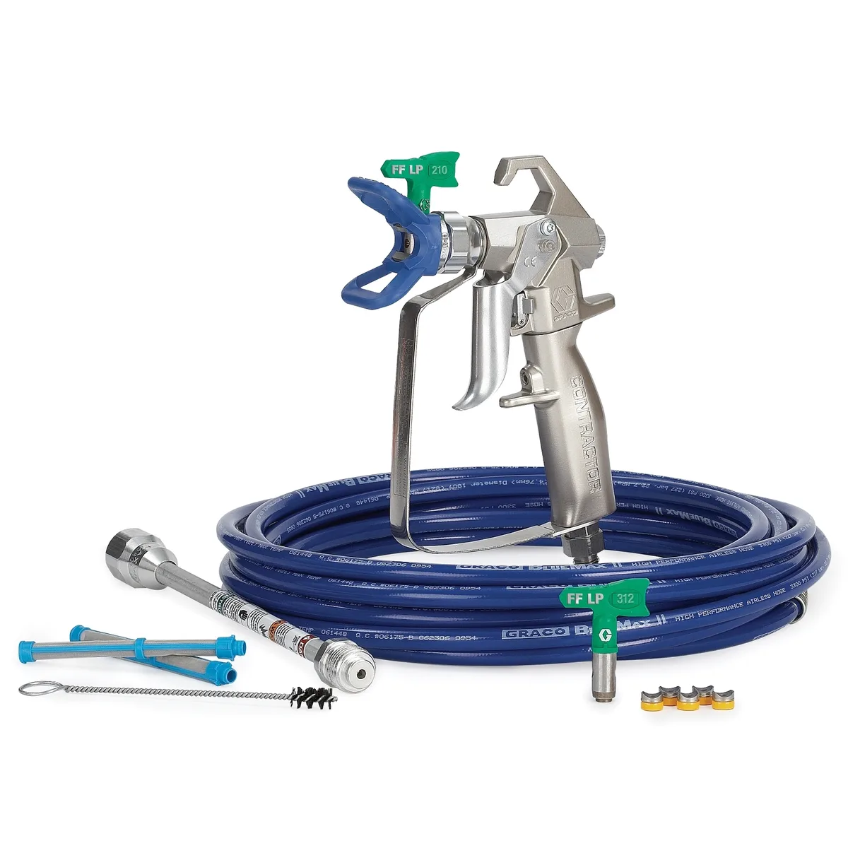 Contractor Airless Spray Gun, RAC X FF LP 210 & 312, BlueMax II Airless Hose 3/16 in x 25 ft, 10 in Extension, 2-100 Mesh Filters - Graco 288501