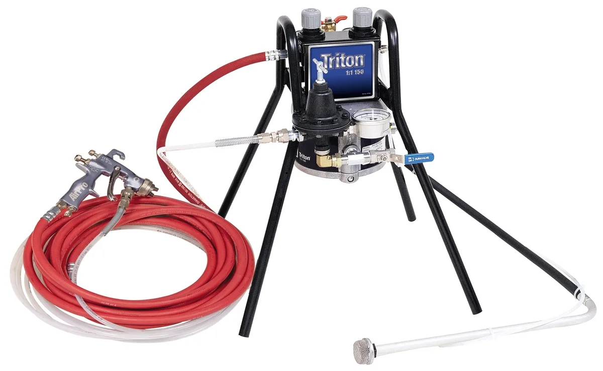 Triton SST Spray Package, Stand, 100 psi Regulator, Suction, Air & Fluid Hoses, Stellair Compliant Gun .055 in (1.4 mm) Nozzle for Metal - Graco 234914
