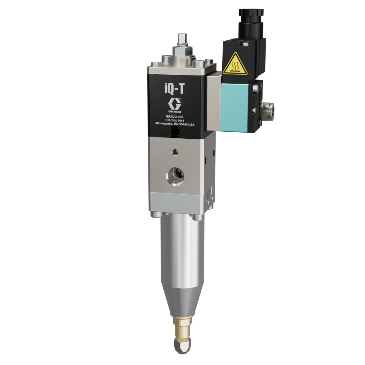iQ Dispense Valve, Tip-Seal, Ambient, 0.039in (1.0mm) Tip, 2.36in (60mm) Nozzle, Direct Mount Solenoid - Graco 2011599