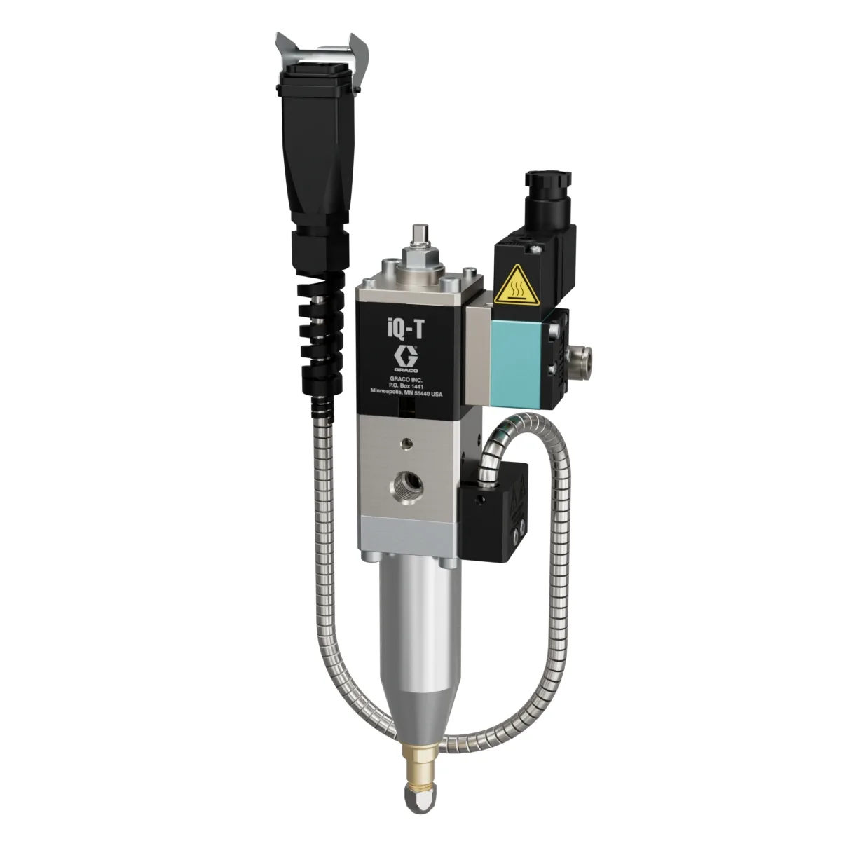 iQ Dispense Valve, Tip-Seal, Heated, 0.039in (1.0mm) Tip, 2.36in (60mm) Nozzle, Direct Mount Solenoid - Graco 2011600