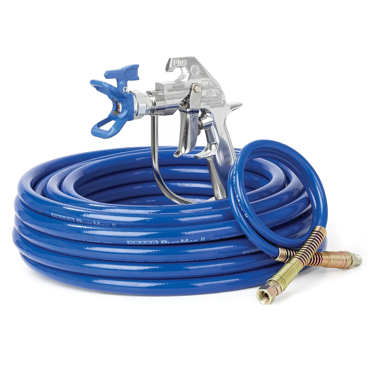 Silver Plus Airless Spray Gun, RAC X LTX 517, BlueMax II Airless Hose 1/4 in x 50 ft, BlueMax II Airless Whip Hose 3/16 in x 3 ft - Graco 287041