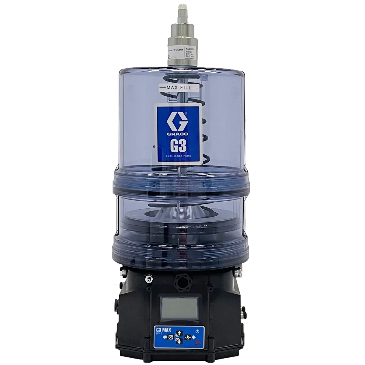 G3® Max Grease Lubrication Pump w Cellular Data Connectivity, 12 VDC, 8 liter reservoir, Auto-Fill Shut-Off, follower plate, level sensor, CPC-7 I/O connector for power, remote button, alarms for telematics, M12 connectors for vent valve, pressure sensor, machine count, cycle switch - Graco 96G609