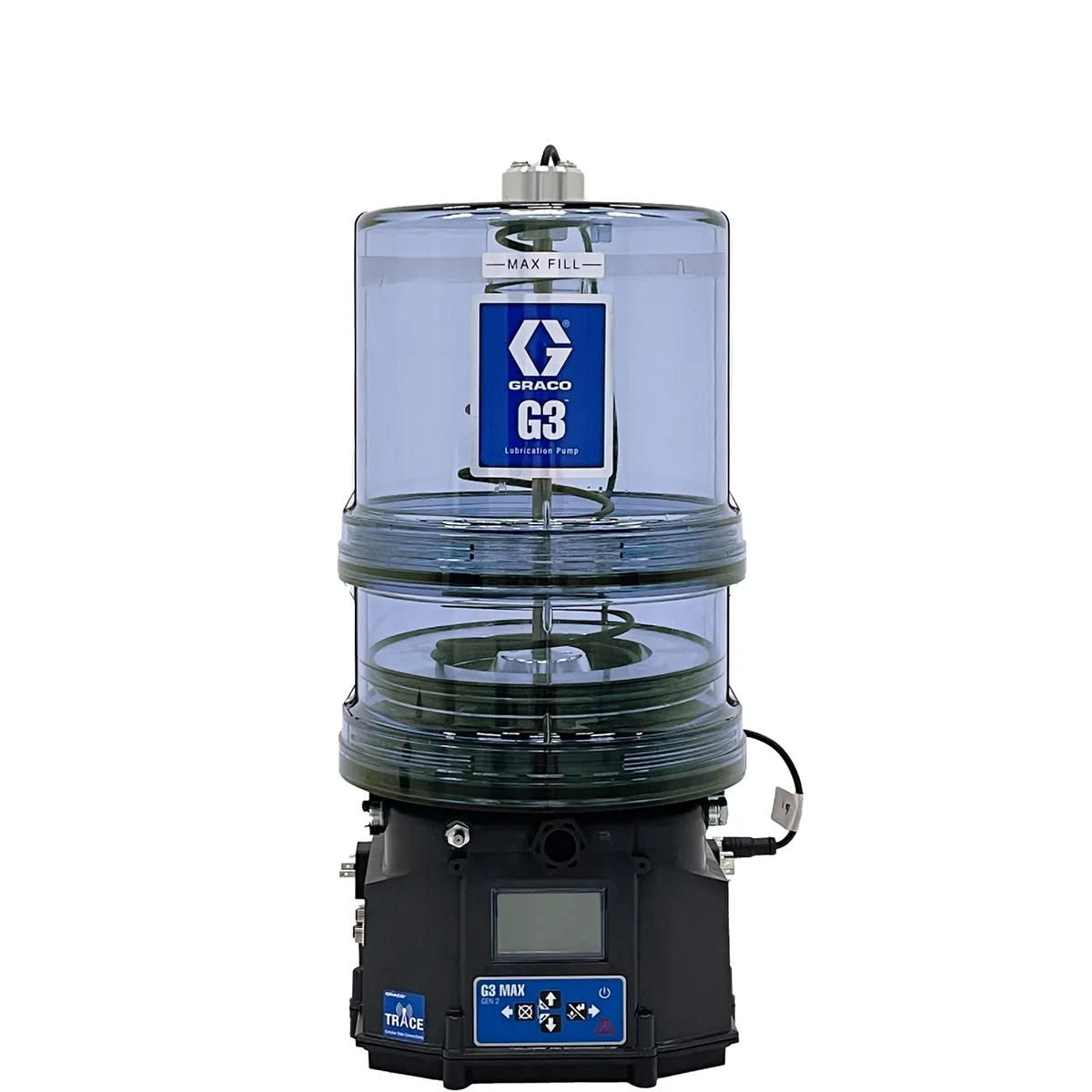 G3® Max Grease Lubrication Pump with Cellular Data Connectivity, 12 VDC, 4 liter reservoir w follower plate and level sensor, CPC-7 I/O connector for power, remote button, and alarms for telematics, M12 connectors for vent valve, one pressure sensor, machine count and one cycle switch - Graco 96G601