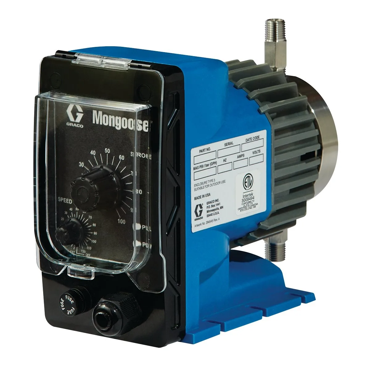 Mongoose PVDF Metering Pump, 120 VAC, 17 GDP, 250 PSI - Graco A21008
